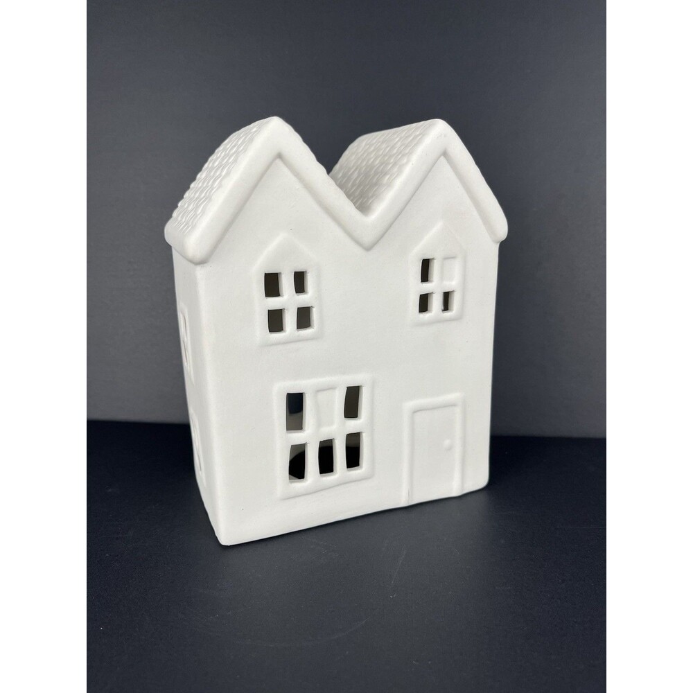 HTF Crate & Barrel White Ceramic Two Story Village House Luminary Candle Holder‎